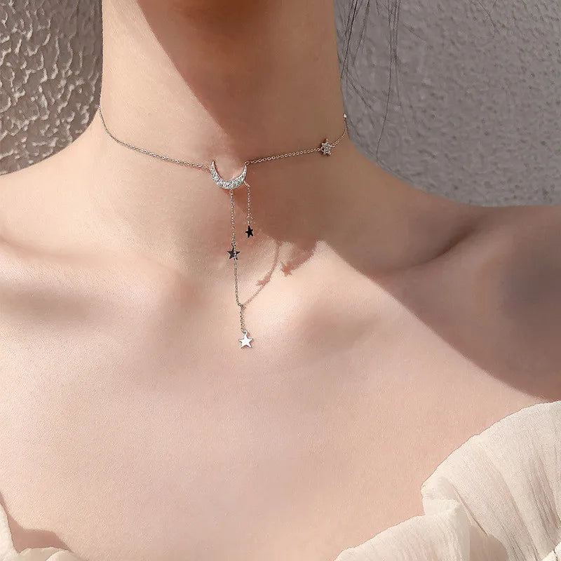 925 Silver Star Moon Tassel Necklace Zircon Choker Collar