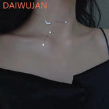 925 Silver Star Moon Tassel Necklace Zircon Choker Collar