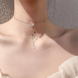925 Silver Star Moon Tassel Necklace Zircon Choker Collar