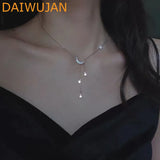 925 Silver Star Moon Tassel Necklace Zircon Choker Collar