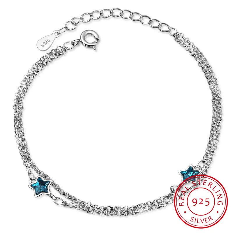Double Chain Bracelet for Women Star Gemstone Silver 925 Aquamarine