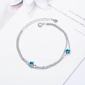 Double Chain Bracelet for Women Star Gemstone Silver 925 Aquamarine