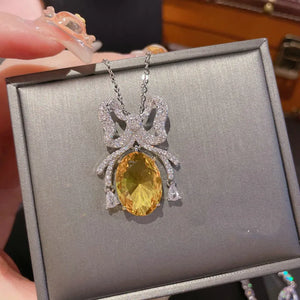 Temperament Silver Necklace with Yellow Zircon Bowknot Pendant
