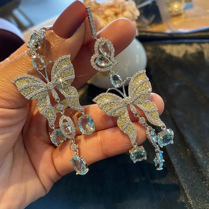 S925 Silver Tassel Butterfly Drop Earrings CZ Women Wedding Jewelry