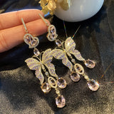 S925 Silver Tassel Butterfly Drop Earrings CZ Women Wedding Jewelry