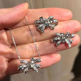 Bowknot Zircon 2-Piece Jewelry Set 925 Silver Necklace Earrings