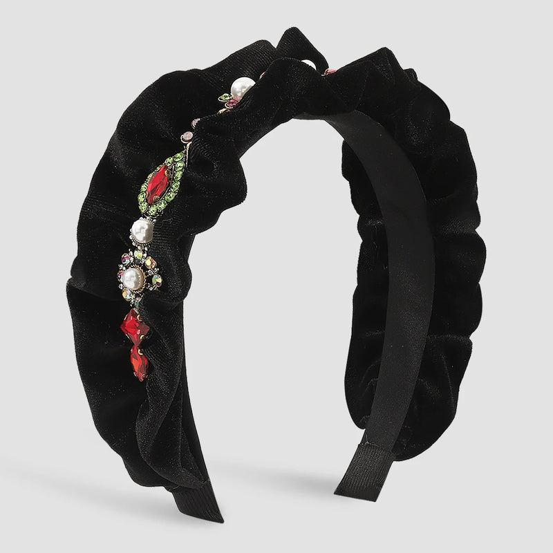 Flannel Ruffled Crystal Headband Rhinestone Pearls Hairband