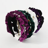 Flannel Ruffled Crystal Headband Rhinestone Pearls Hairband
