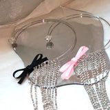 Metal Ribbon Bow Choker with Rhinestone Tassel Necklace