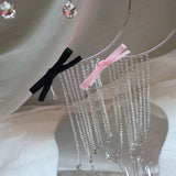 Metal Ribbon Bow Choker with Rhinestone Tassel Necklace