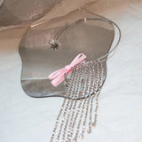 Metal Ribbon Bow Choker with Rhinestone Tassel Necklace