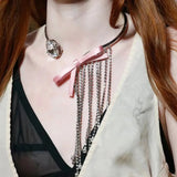 Metal Ribbon Bow Choker with Rhinestone Tassel Necklace
