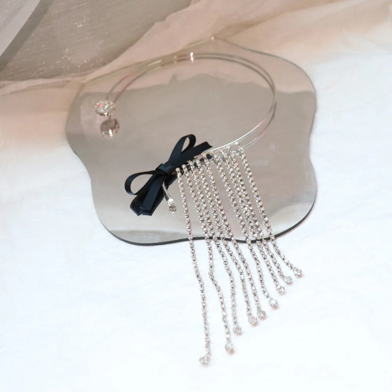 Metal Ribbon Bow Choker with Rhinestone Tassel Necklace