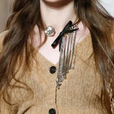 Metal Ribbon Bow Choker with Rhinestone Tassel Necklace