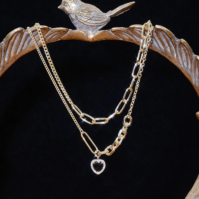 Noble Double Layer Baroque Heart Necklace for Women 14k Real Charm