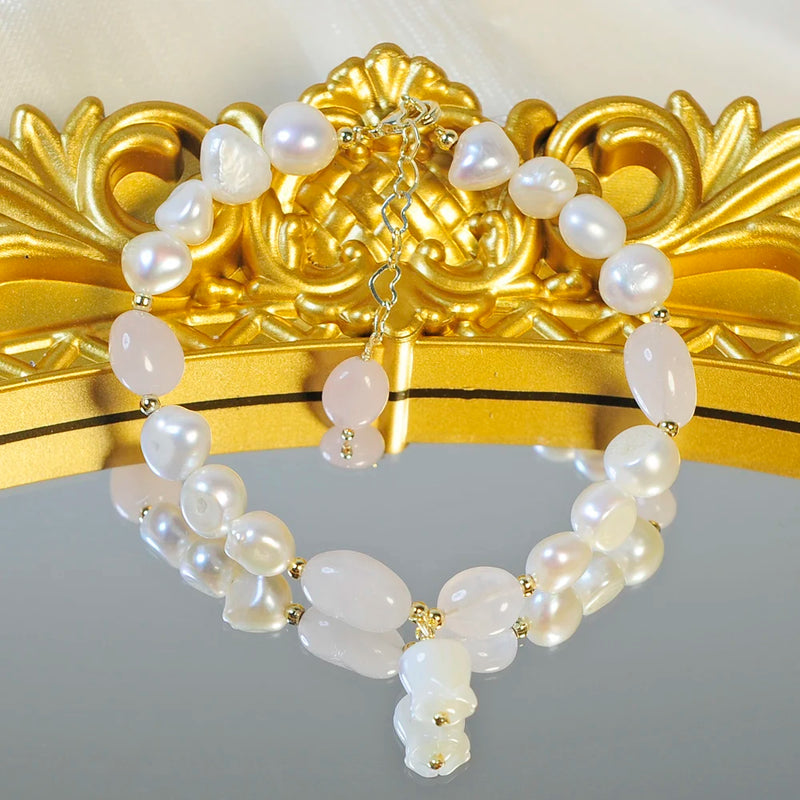 Pink Crystal Flowers Bracelet Charm Chain Freshwater Pearl Beads for Women
