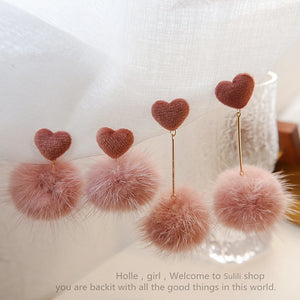 Pink Soft Mink Fur Ball Clip Earrings Love Heart Fur Pom Pom Earrings