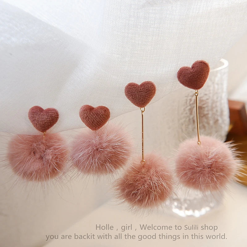 Pink Soft Mink Fur Ball Clip Earrings Love Heart Fur Pom Pom Earrings