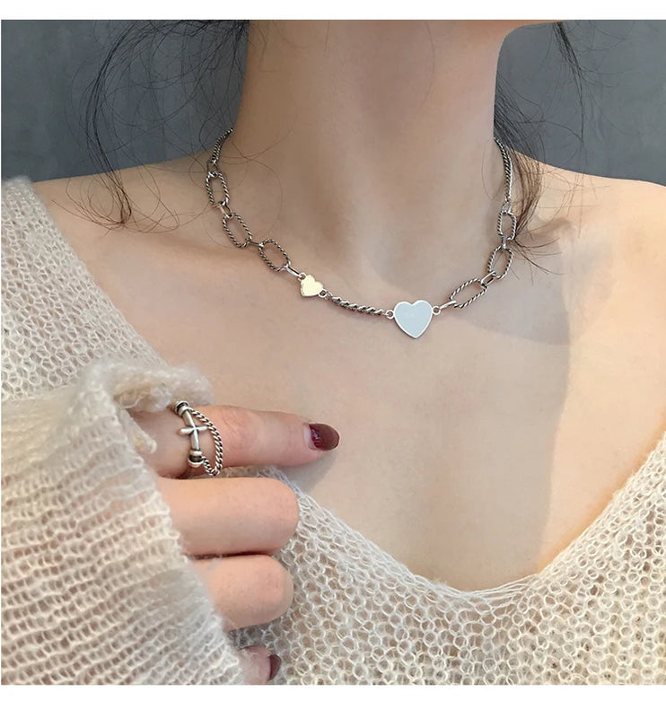 925 Silver Love Heart Pendant Thick Chain Necklace for Women