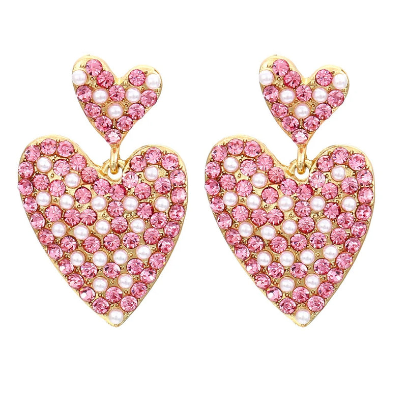 Romantic Pink Rhinestone Heart-shaped Earrings for Woman