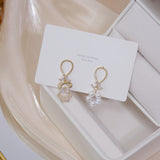 Romantic Asymmetrical Diamond Pearl Bear Earrings