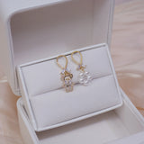 Romantic Asymmetrical Diamond Pearl Bear Earrings