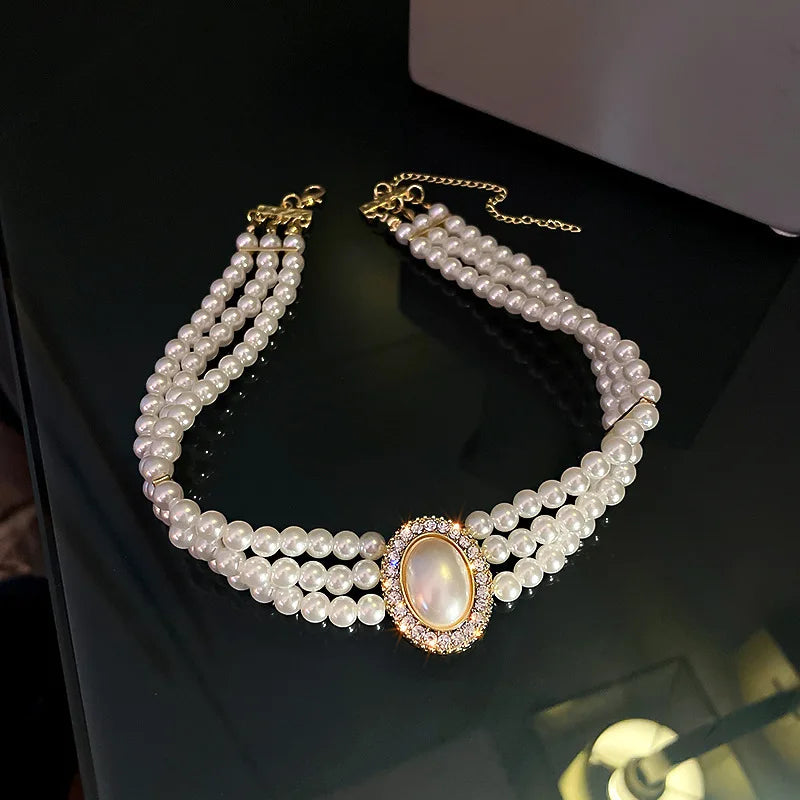 Rhinestone Pearl Multilayer Necklace for Women
