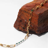Vintage Green Zircon Malachite Necklace with Pearl Brass Chain
