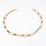 Vintage Green Zircon Malachite Necklace with Pearl Brass Chain