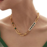 Vintage Green Zircon Malachite Necklace with Pearl Brass Chain