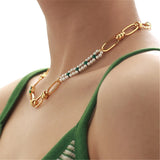 Vintage Green Zircon Malachite Necklace with Pearl Brass Chain