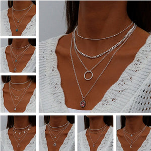 Bohemian Layered Necklace Vintage Portrait Coin Star Moon Pendant Necklace