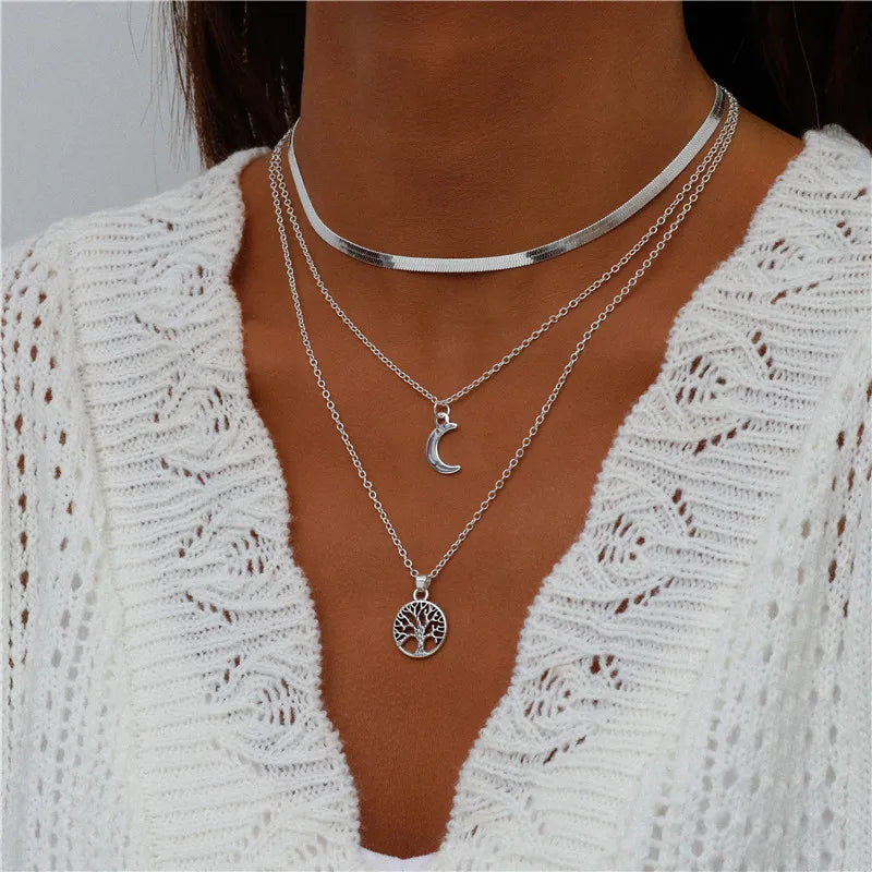 Bohemian Layered Necklace Vintage Portrait Coin Star Moon Pendant Necklace