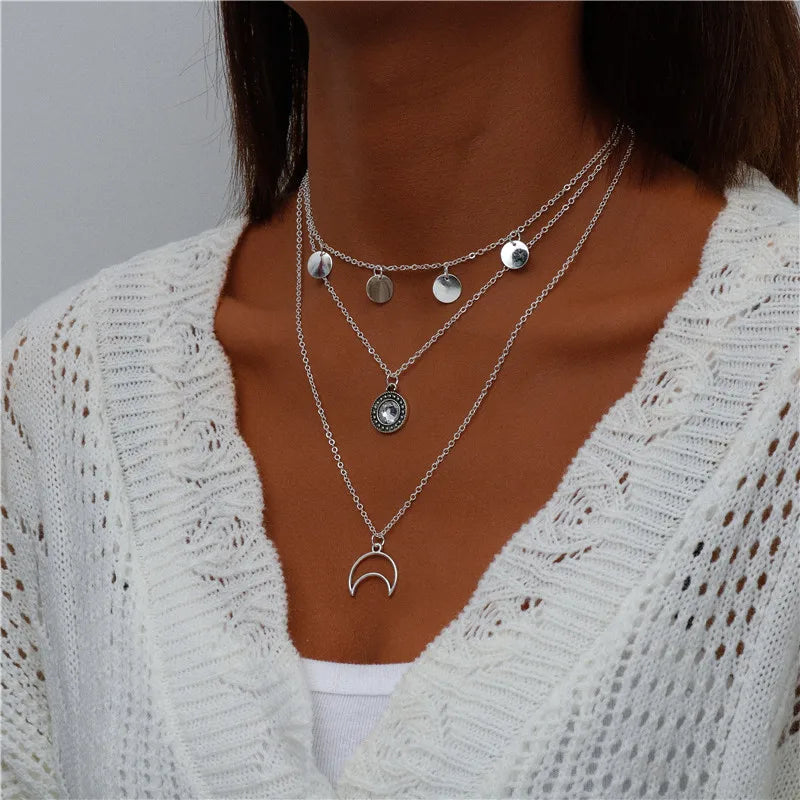 Bohemian Layered Necklace Vintage Portrait Coin Star Moon Pendant Necklace