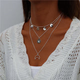 Bohemian Layered Necklace Vintage Portrait Coin Star Moon Pendant Necklace