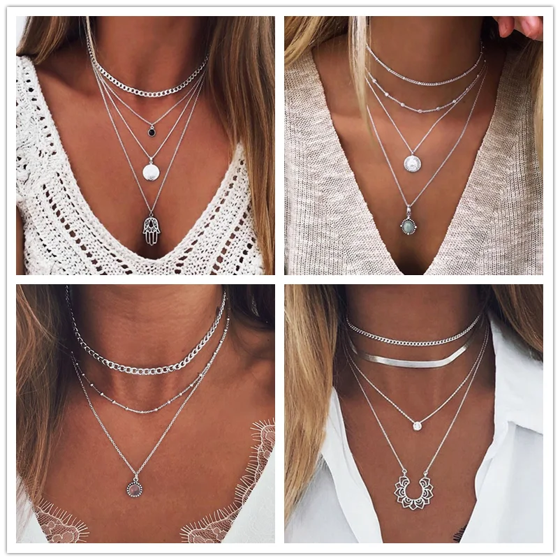 Vintage Layer Party Jewelry Leaves Stars Hamsa Hand Moon Chain Necklaces