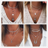 Vintage Layer Party Jewelry Leaves Stars Hamsa Hand Moon Chain Necklaces