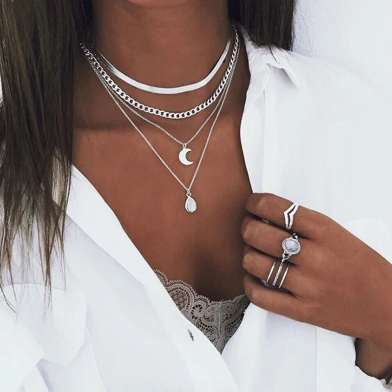 Vintage Layer Party Jewelry Leaves Stars Hamsa Hand Moon Chain Necklaces