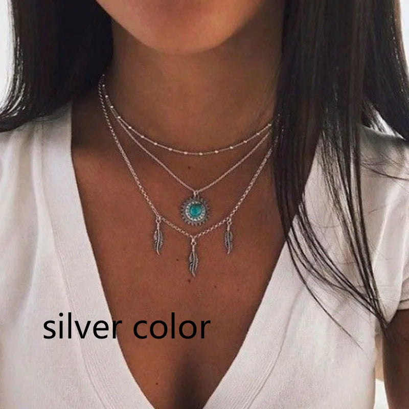 Vintage Layer Party Jewelry Leaves Stars Hamsa Hand Moon Chain Necklaces