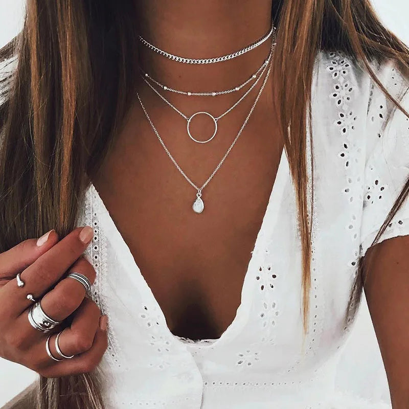 Vintage Layer Party Jewelry Leaves Stars Hamsa Hand Moon Chain Necklaces