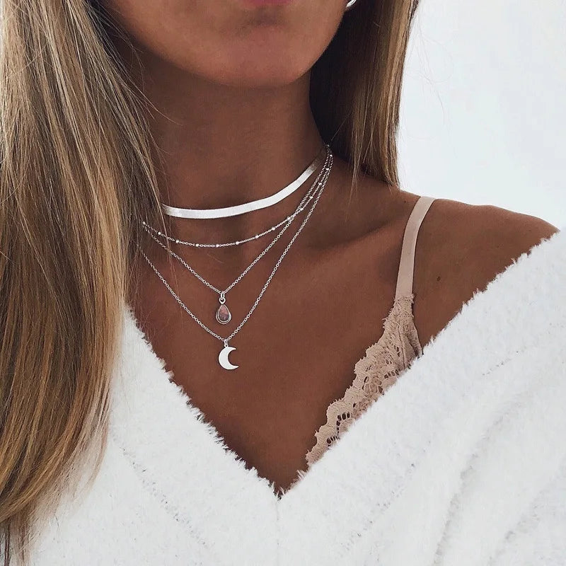 Vintage Layer Party Jewelry Leaves Stars Hamsa Hand Moon Chain Necklaces