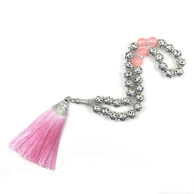 10mm Silver Plated Prayer Beads with Pink Tassel Tasbih Tesbih...