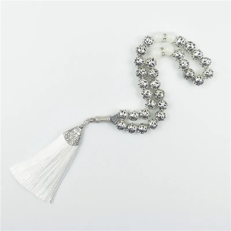 10mm Silver Plated Prayer Beads with Red Tassel for Wedding