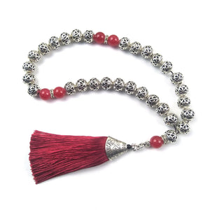 10mm Silver Plated Prayer Beads with Red Tassel Tasbih for Wedding
