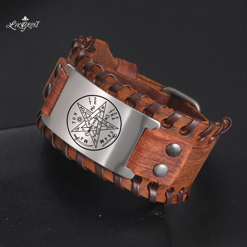Tetragrammaton Pentagram Amulet Leather Wrap Bracelet