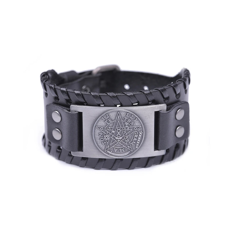 Tetragrammaton Pentagram Men Leather Bracelet Adjustable Bangle