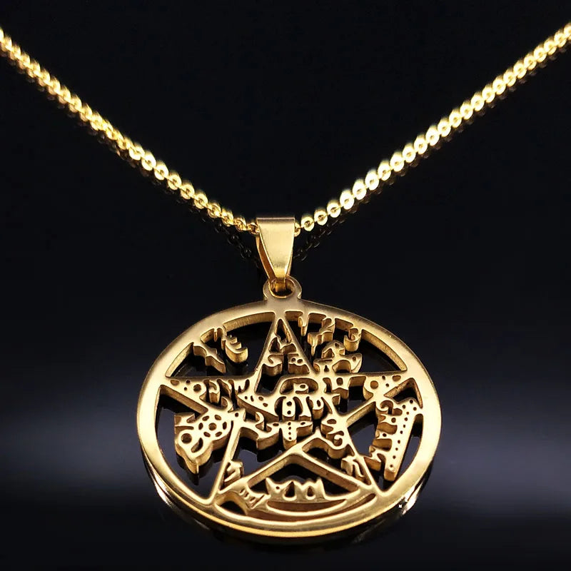 Tetragrammaton Pentagram Stainless Steel Necklace for Men Women
