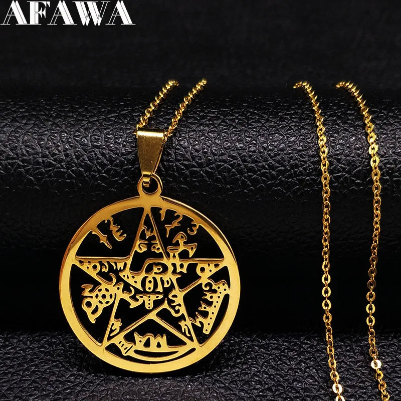 Tetragrammaton Pentagram Stainless Steel Necklace for Men Women