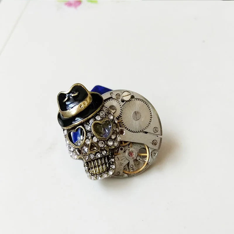 Textured Gentleman Skull Zirconia Gear Watch Brooch