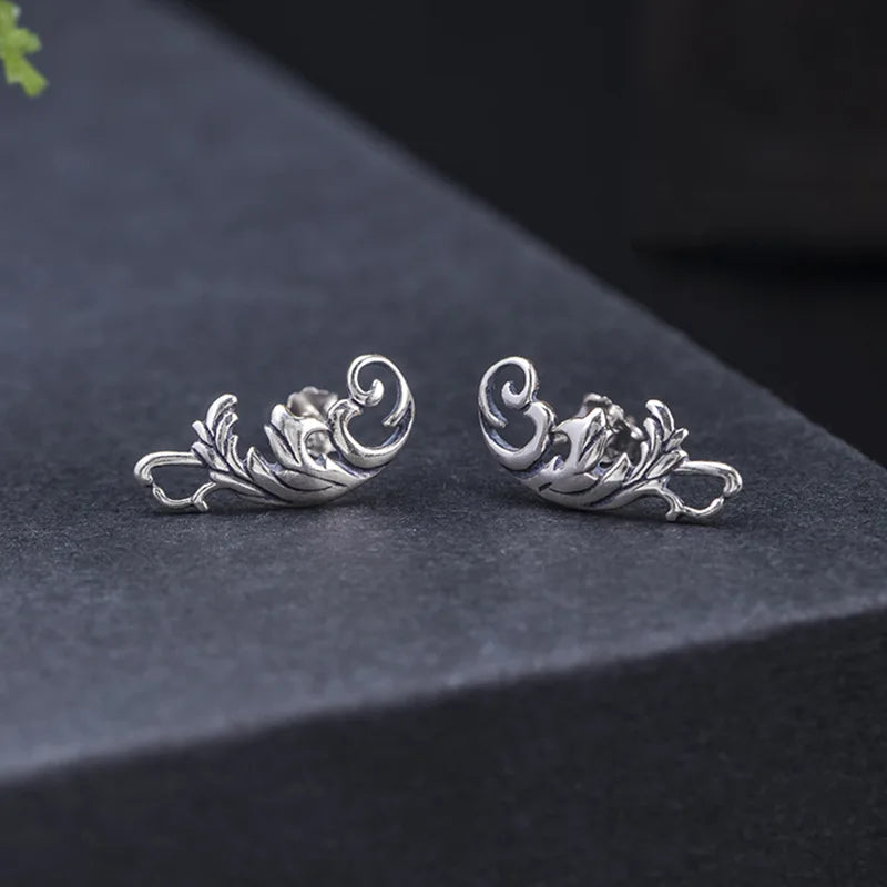 Thai Silver Leaves Stud Earrings Women 925 Sterling Silver Leaf Vintage Earings
